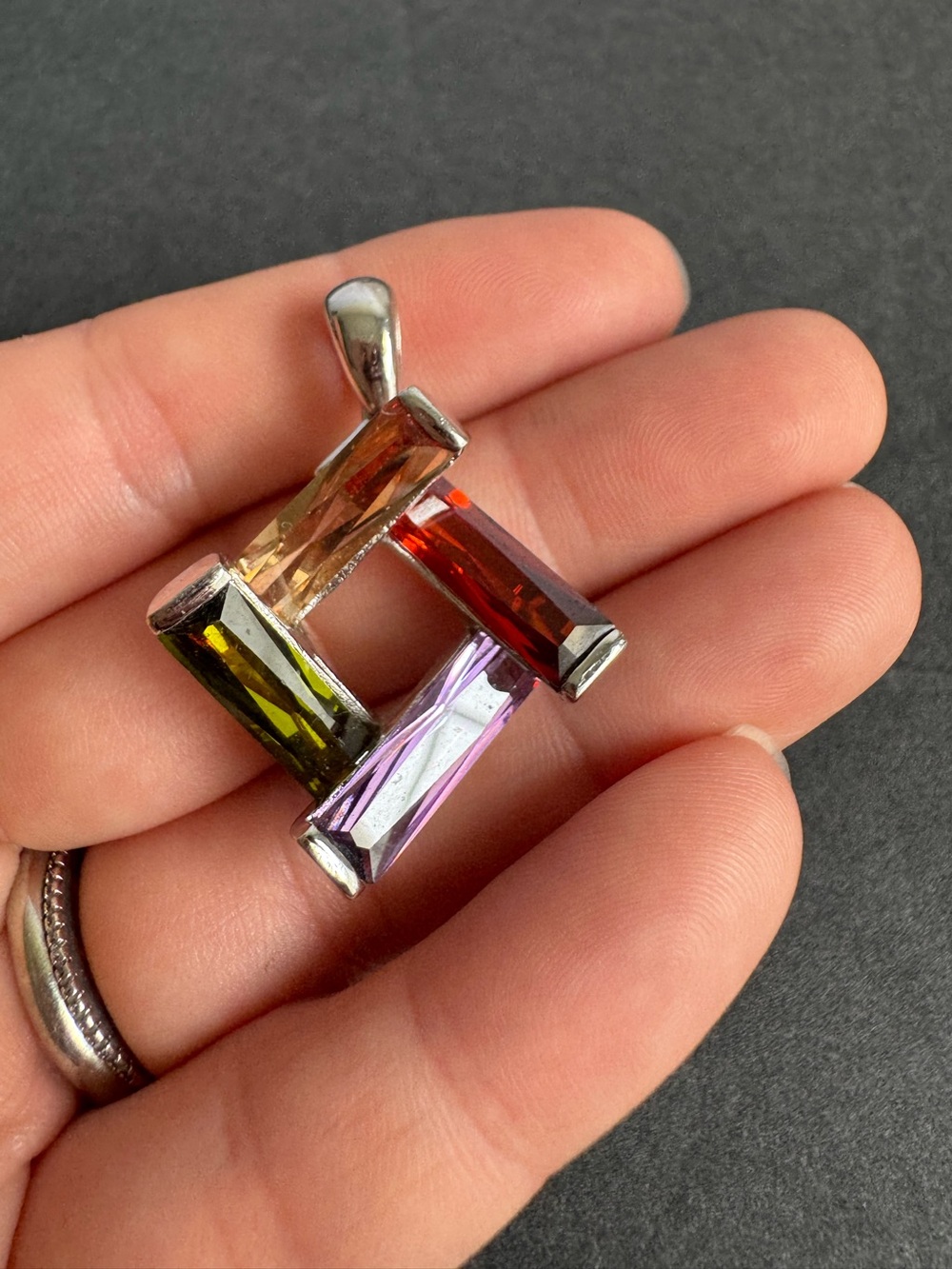 Vintage Sterling Silver Crystal 3D Pendant Colorful Geometric Necklace - Picture 2 of 9